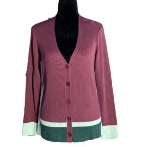 NWT Design History Cardigan MED Maroon Combo Green Mint Rib Long Sl Sweater